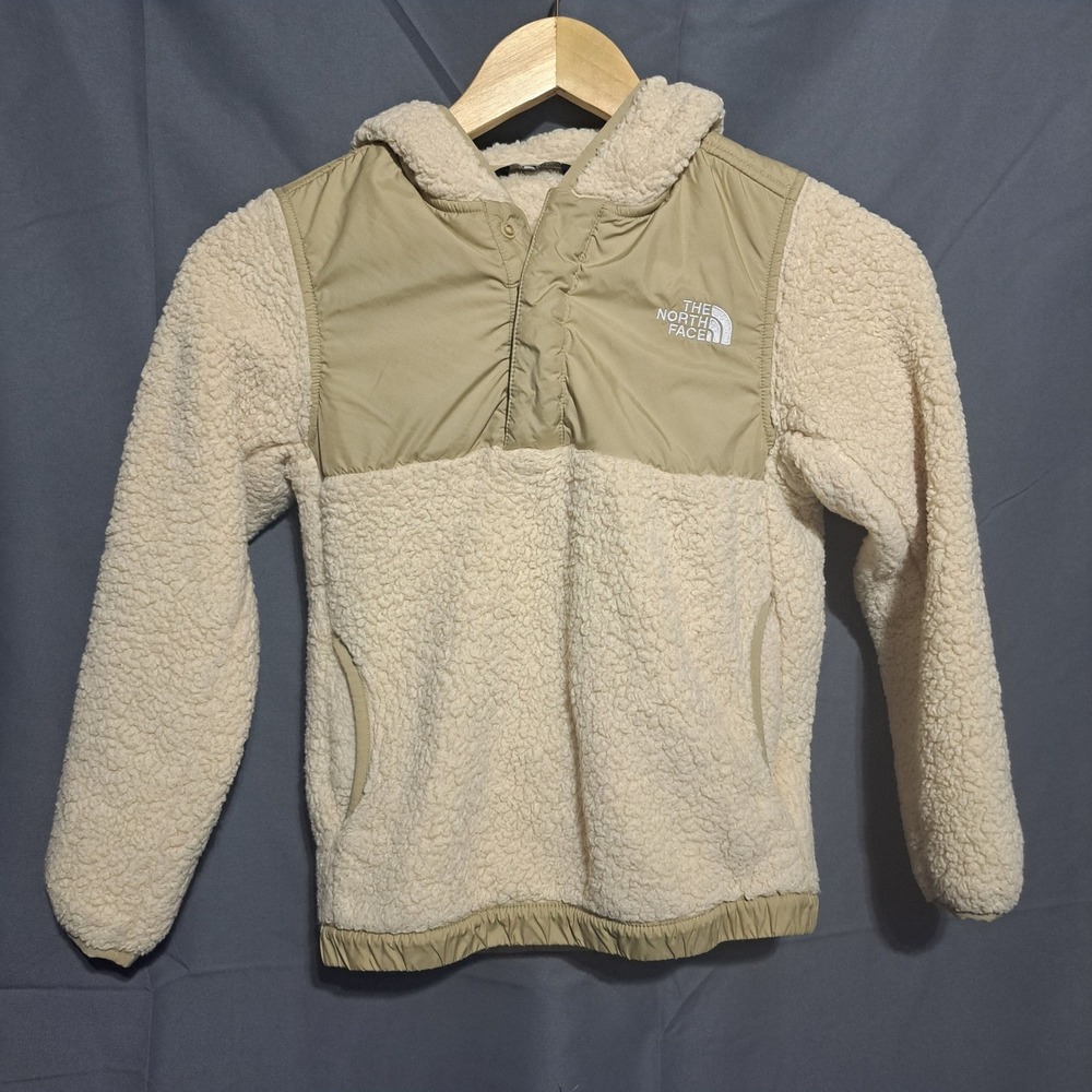 The North Face Sherpa Fuzzy Fleece Button Girls SM 7/8 Hoodie Jacket Ivory Tan